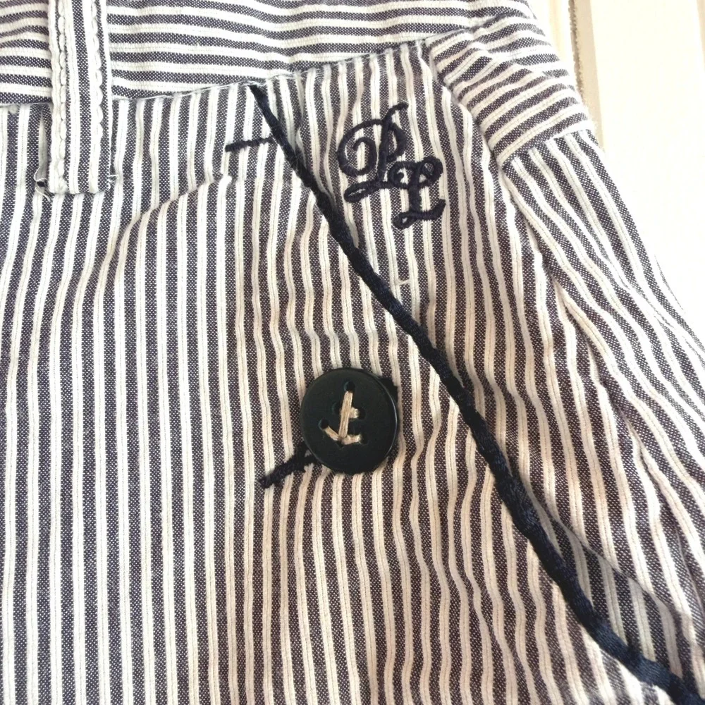 Playlife Blue White Pinstripe Nautical Ruffle Mini Skirt Lace Trim Anchor Button
